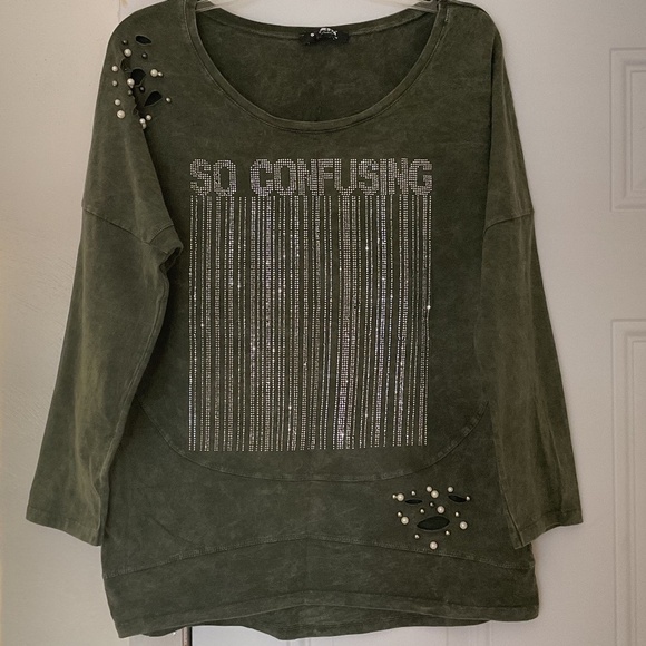 Italian Design Top Tops - Green Cotton Faux Pearl Decor With Silver Metallic Woman Top Size US M